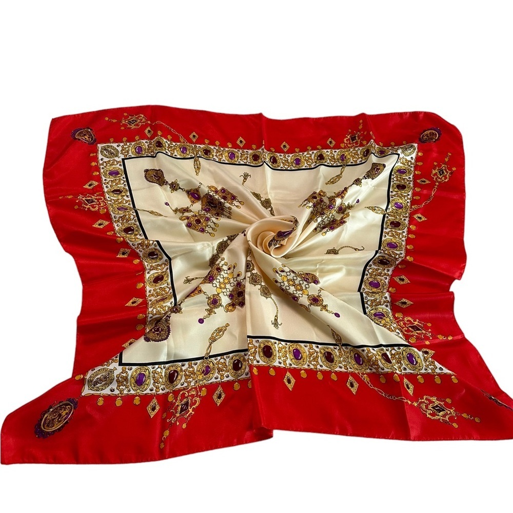 Women’s Red Gold Jewelry Print Scarf Size 34x35